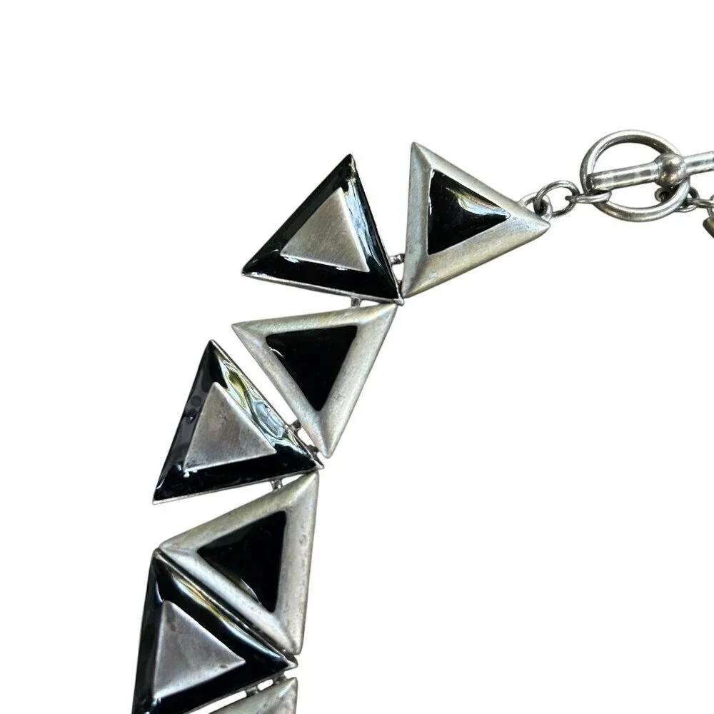 Vintage Black Enamel And Silver Metal Triangle Fashion Choker Necklace